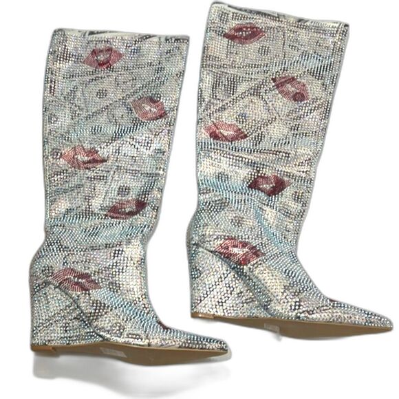 Rhinestone Wedge Boots Sz 11 Lips Print Knee High Pointed Toe Sparkle Glam - Picture 2 of 13